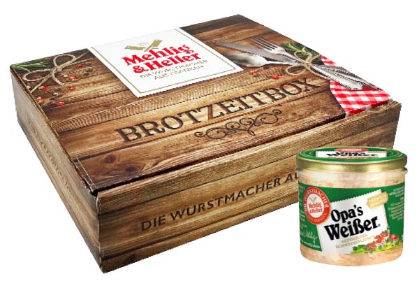 Eine Brotzeit-Geschenkebox, daneben ein Glas "Opa's Weißer" von "Mehlig & Heller"